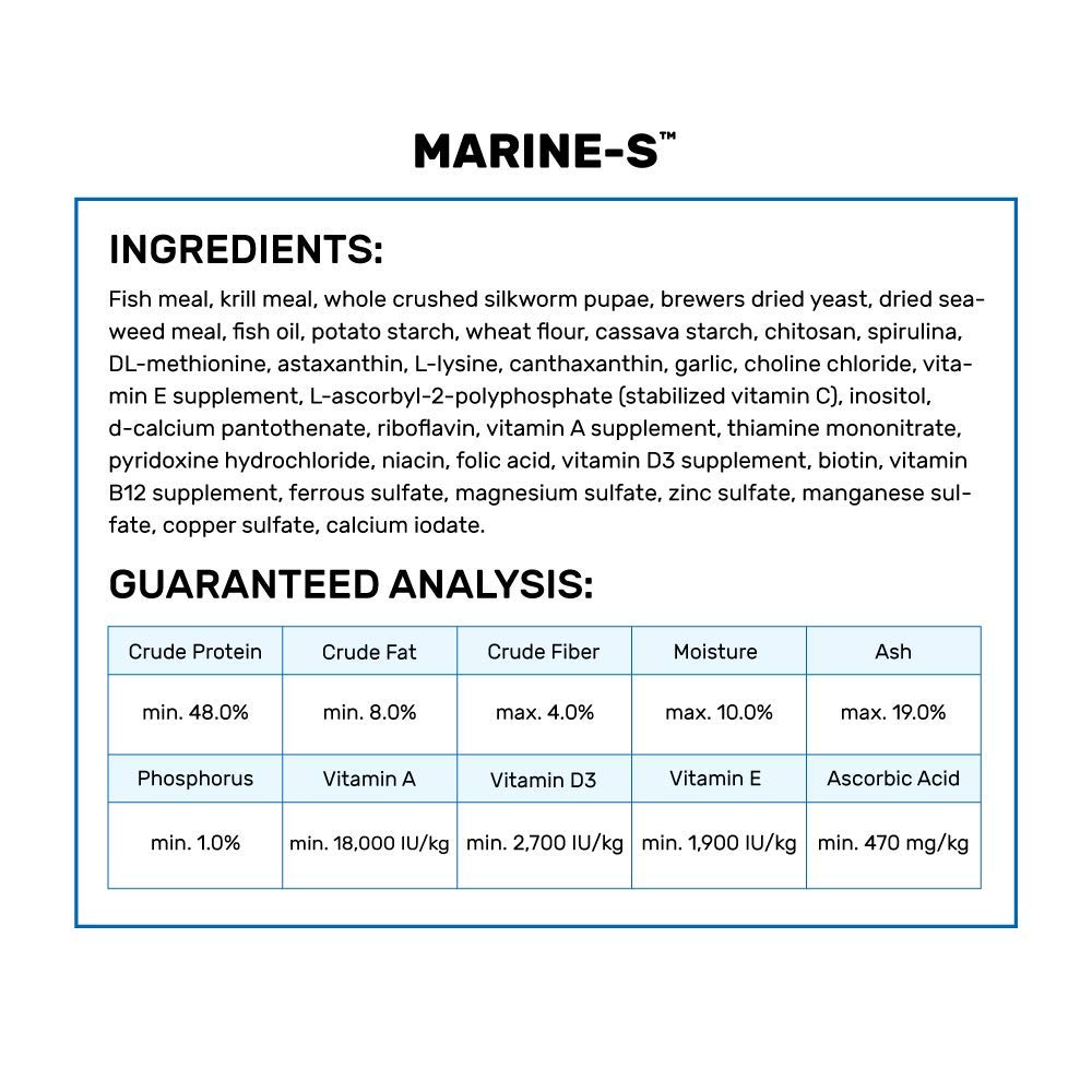 Hikari Marine-S color-benefit pellets emphasize shrimp meal aiding natural coloration.