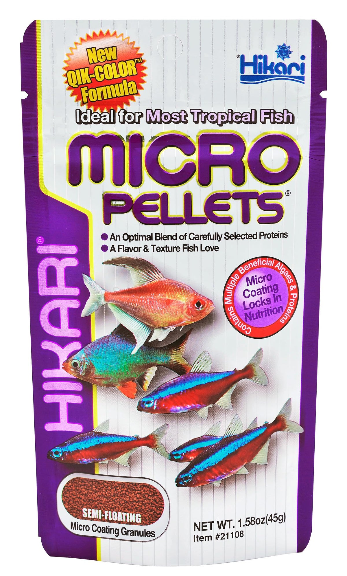 Hikari micropellets 1-58oz packaging displays compact, shelf-stable nutrition for small tropical fish