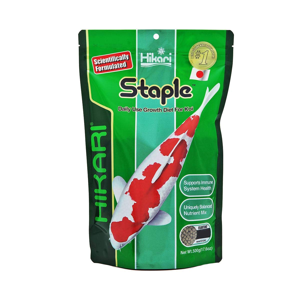 Hikari mini floating pellets for koi in clear water, supports easy feeding monitoring and healthy appetite.