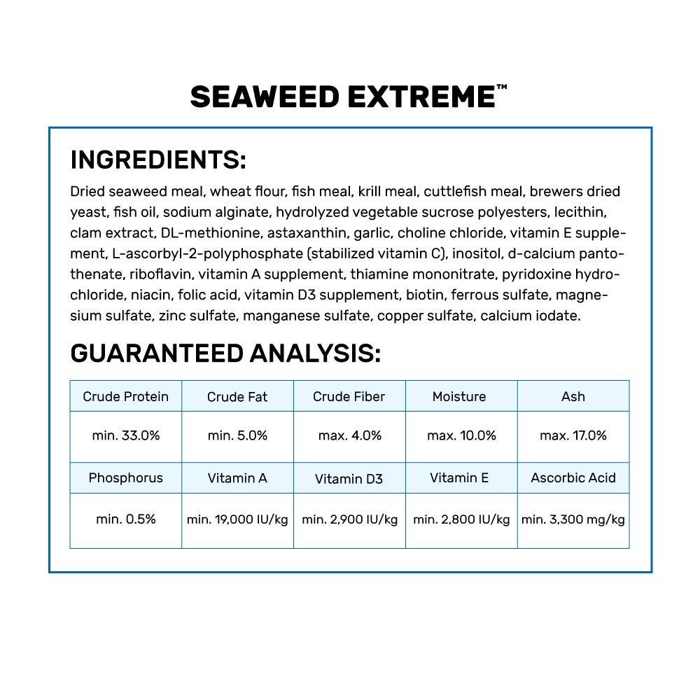 Hikari Seaweed Extreme pellets jar shows high natural seaweed content.