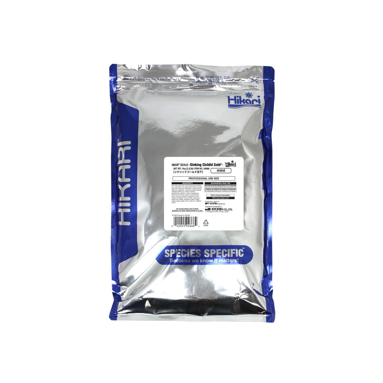 Hikari Sinking Cichlid Gold Pellets close-up texture emphasizing sinking feeding reduces waste