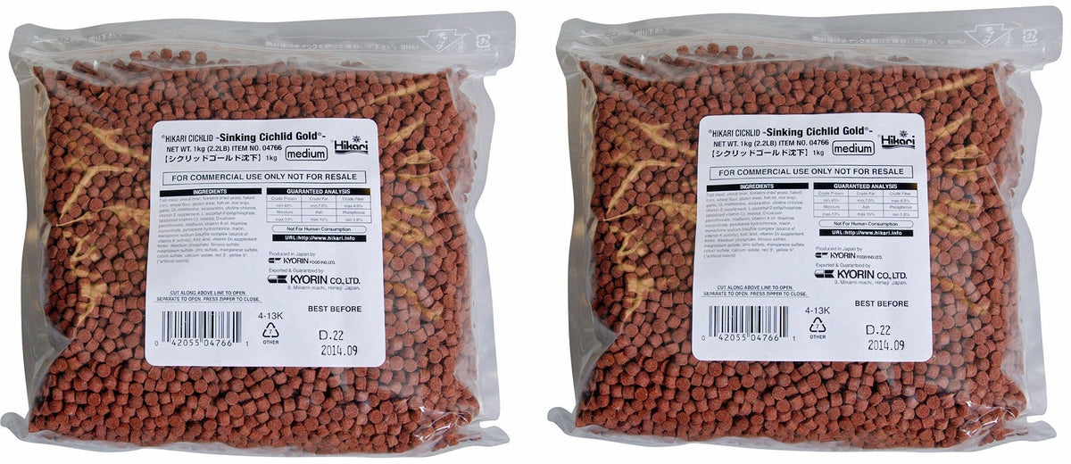 Hikari Sinking Cichlid Gold Pellets image highlights sinking pellets for medium cichlids and bottom feeding.