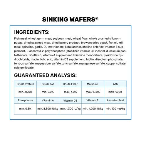 Hikari Sinking Wafers ingredients close-up, showcasing spirulina and krill for nutrition.