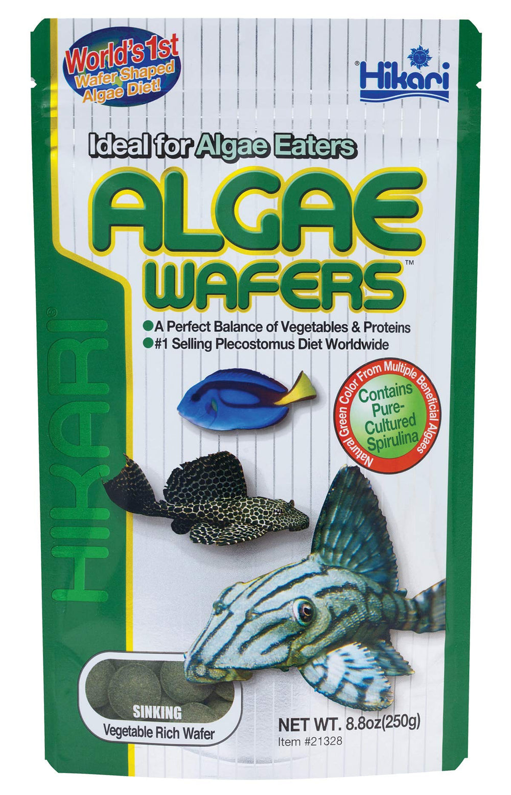 Hikari tropical algae wafer packaging highlights a premium pleco diet for reliable feeding