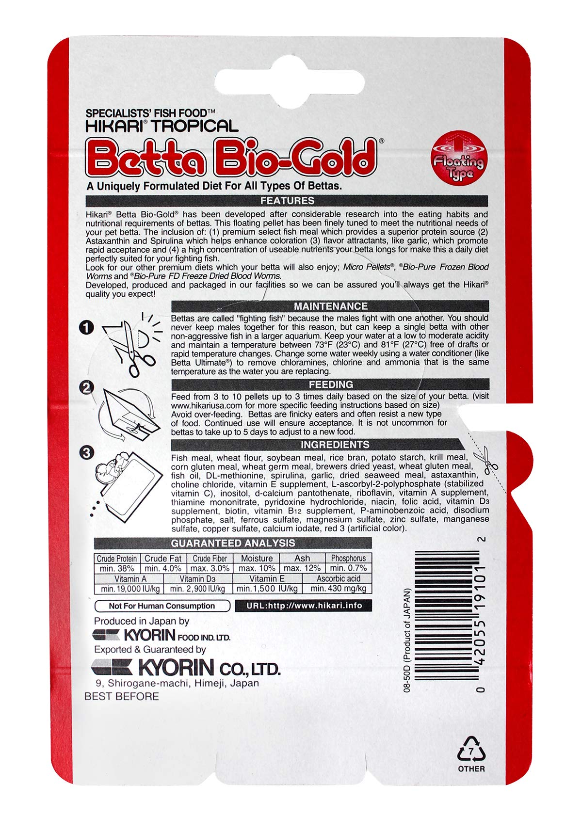 Hikari Tropical Betta Bio-Gold pellets close-up for color and nutrition.
