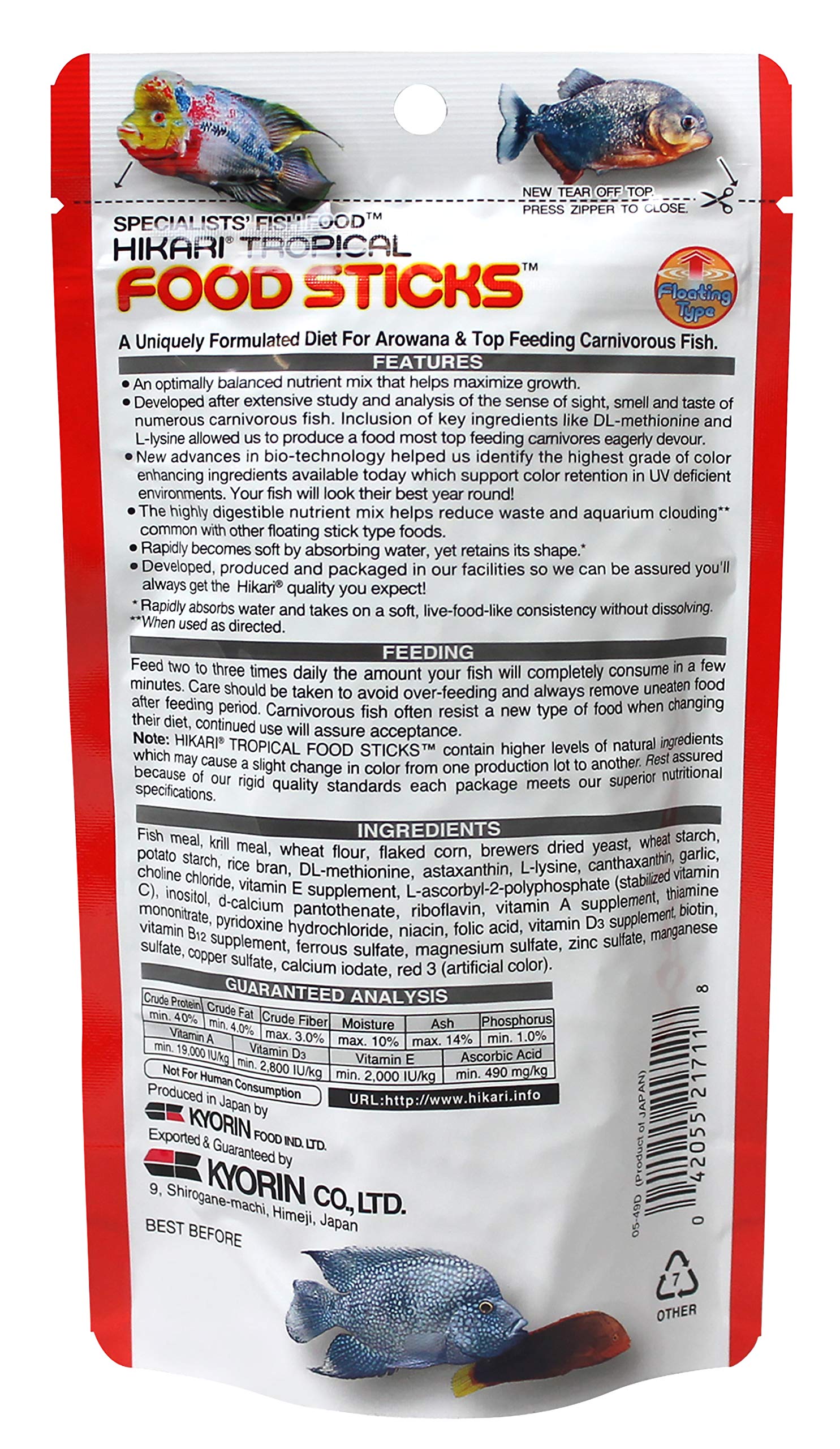 Hikari Tropical Food Sticks ingredient close-up highlights stabilized vitamin C.