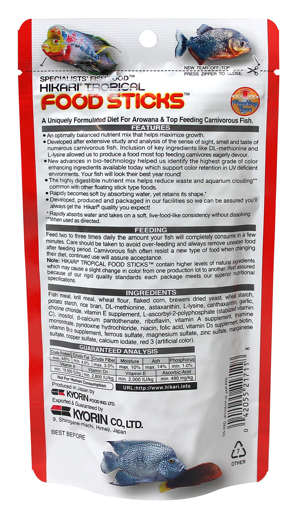 Hikari Tropical Food Sticks ingredient close-up highlights stabilized vitamin C.