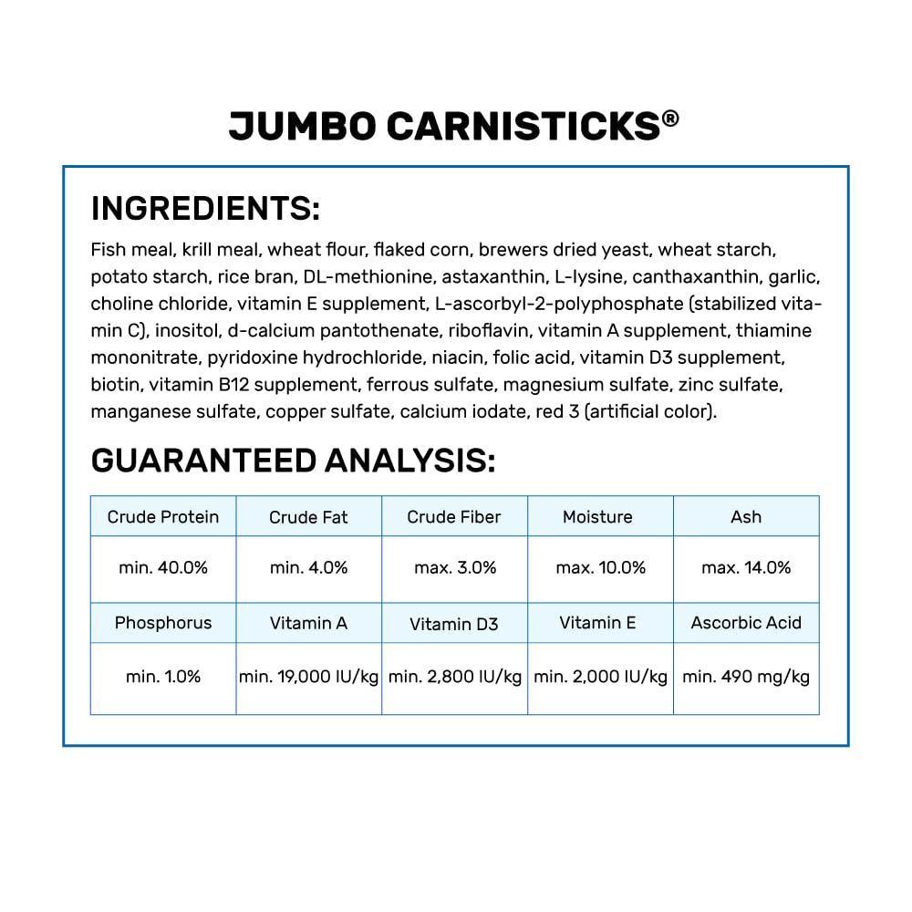 Hikari Tropical Jumbo Carnisticks carotenoids brighten fish coloration.