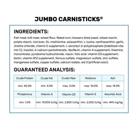 Hikari Tropical Jumbo Carnisticks packaging highlights a scientific diet for large carnivores.