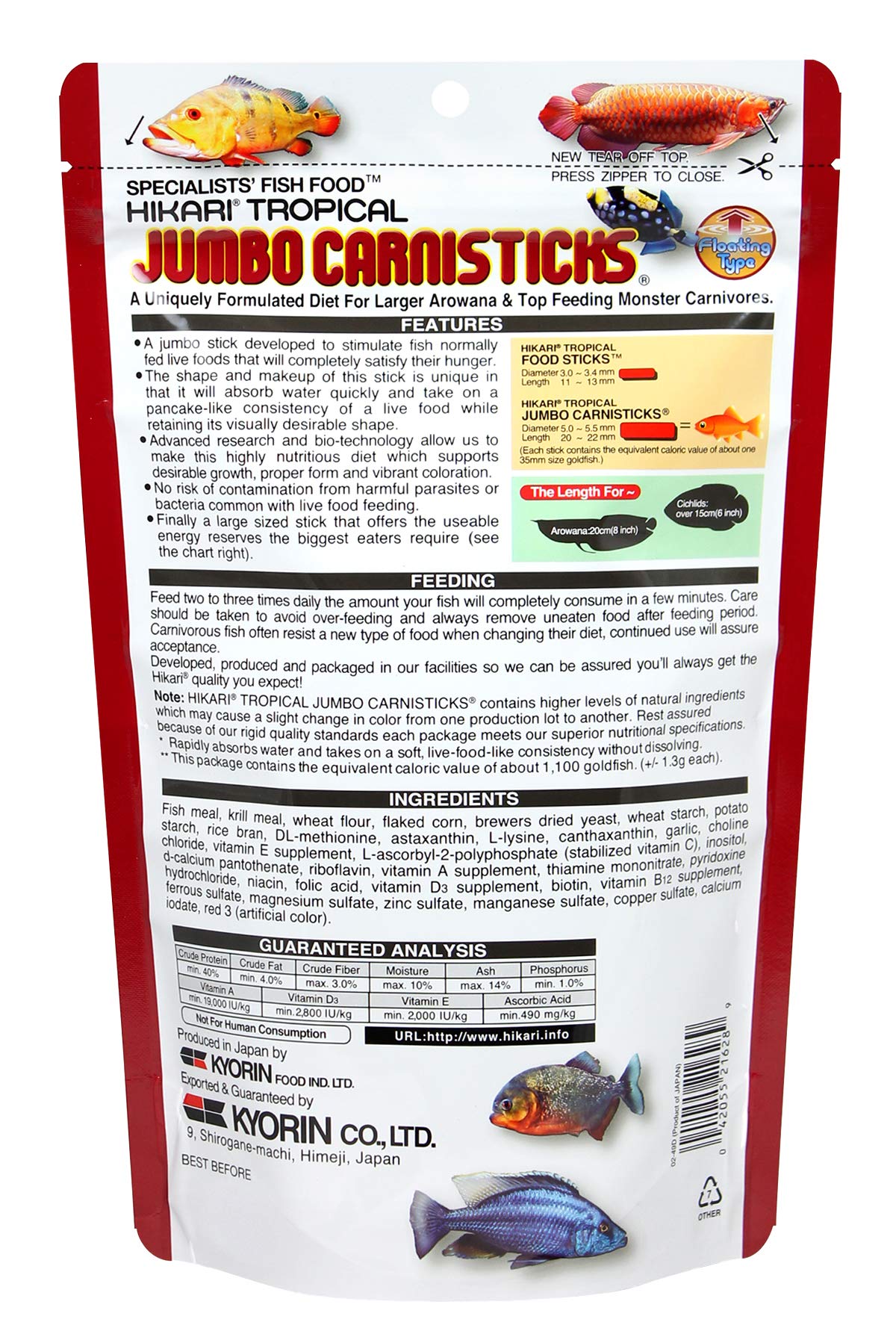 Hikari Tropical Jumbo Carnisticks stick close-up highlights dense texture.