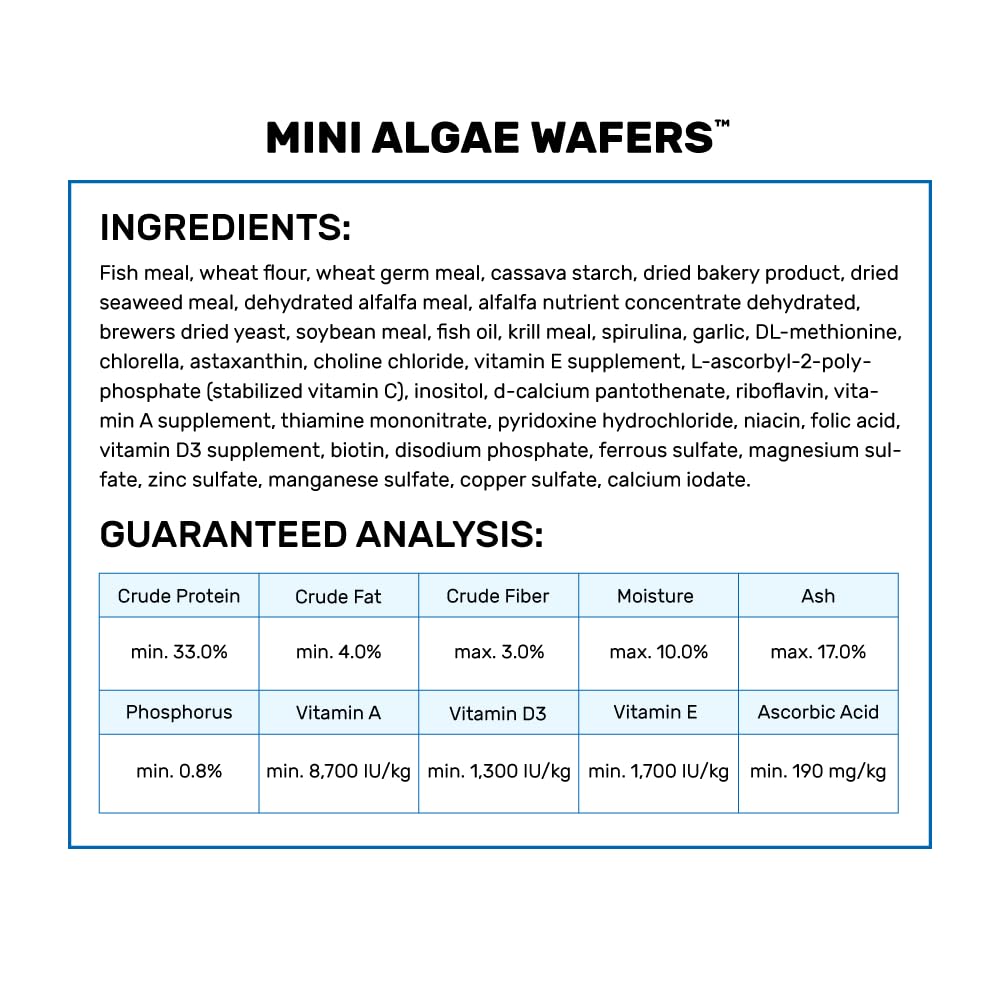 Hikari Tropical Mini Algae Wafers ingredients emphasize vegetables and proteins.