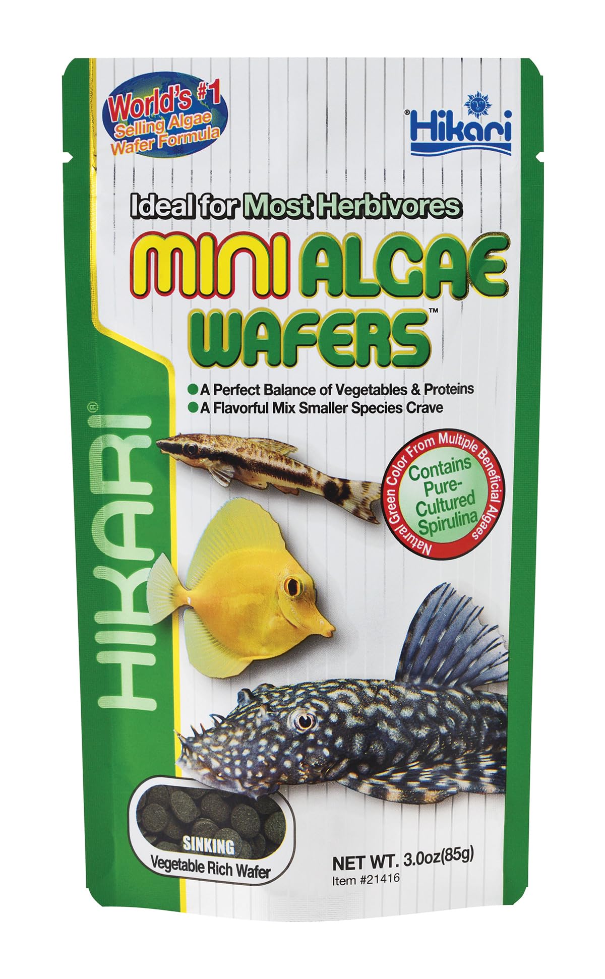 Hikari Tropical Mini Algae Wafers pack showcases fortified wafers for bottom feeders.