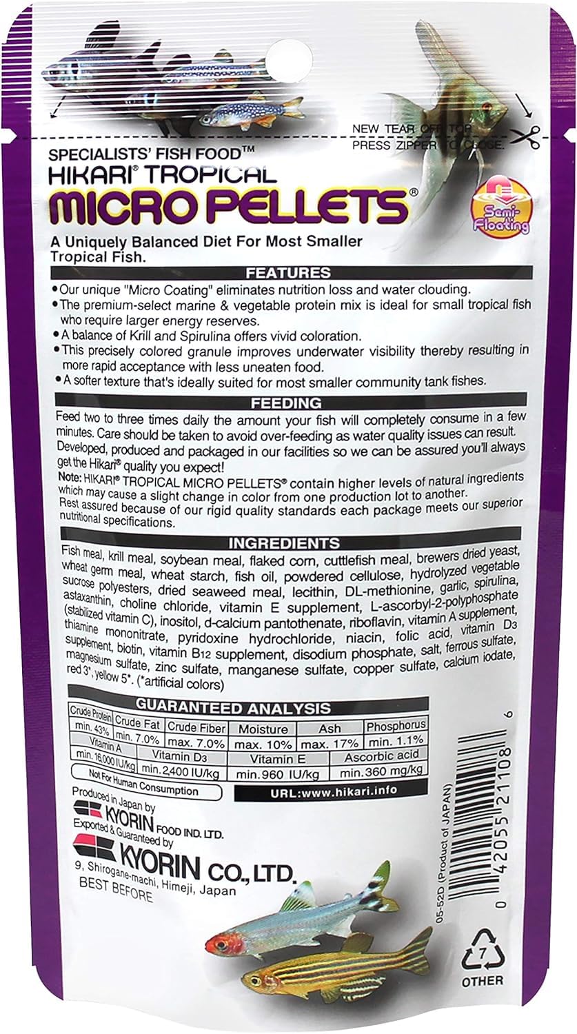 Hikari tropical semi-floating micro pellets closeup reveals granular texture for even feeding