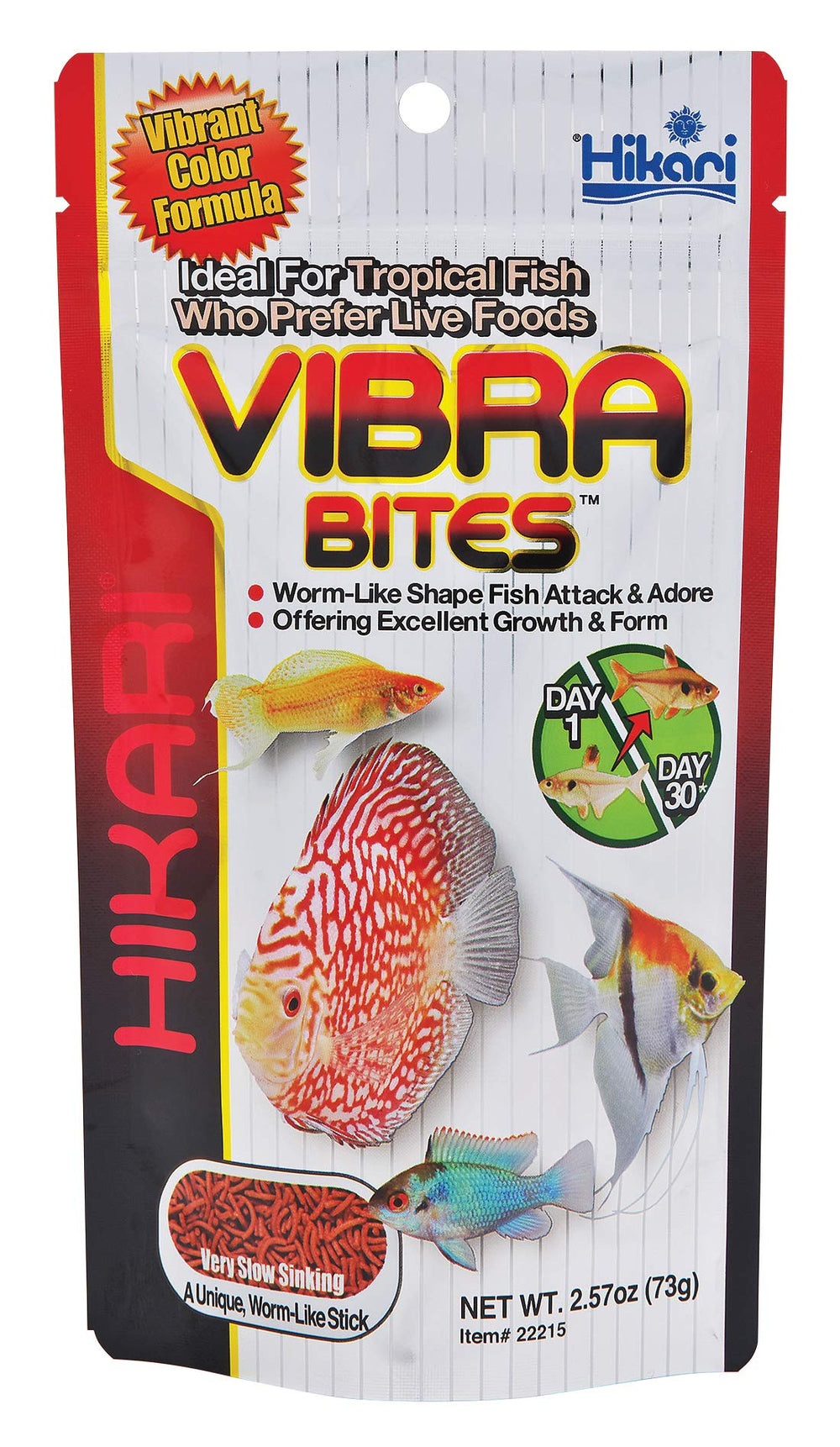 Hikari Vibra Bites bottle closeup highlights color-enhancing formula for vibrant tropical fish.