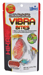 Hikari Vibra Bites bottle closeup highlights color-enhancing formula for vibrant tropical fish.
