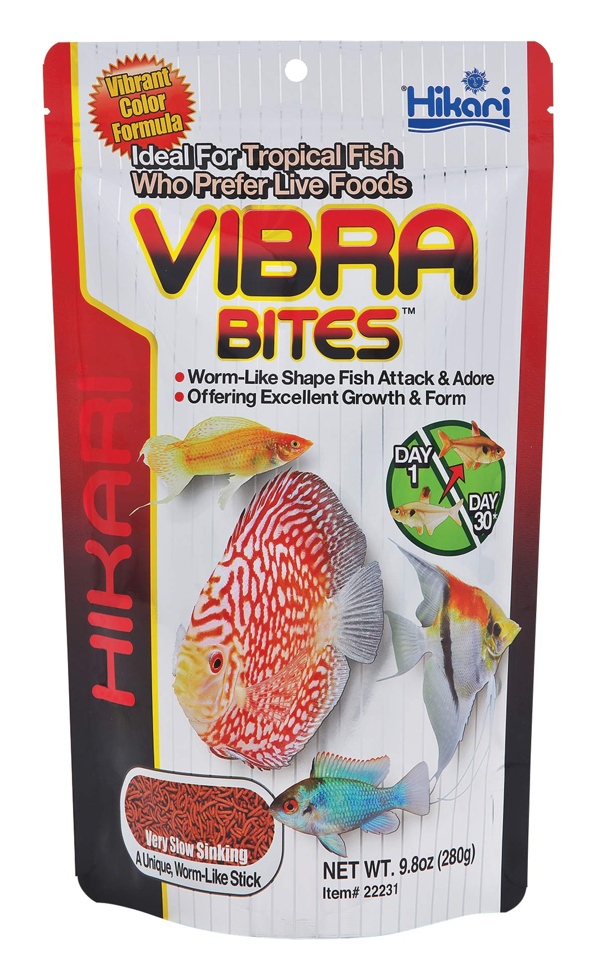 Hikari Vibra Bites packaging highlights color-boosting nutrition for vibrant tropical fish.