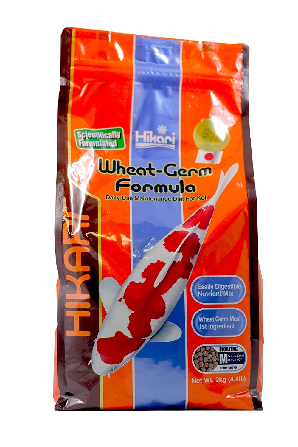 Hikari Wheat Germ 4.4lb bag showcases easy, daily feeding for koi and pond fish.