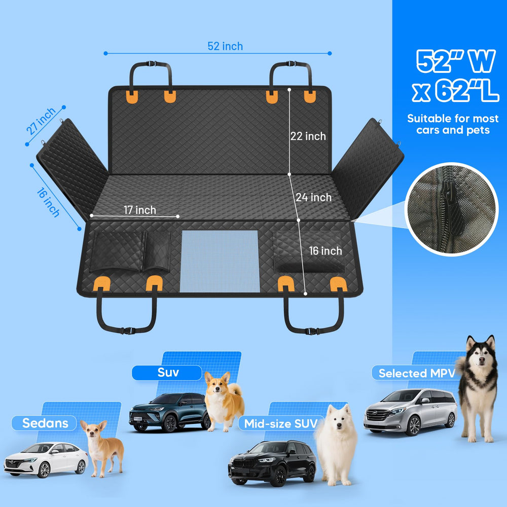 HikeSeptPals dog seat cover-storage-pockets hold toys and treats handy.