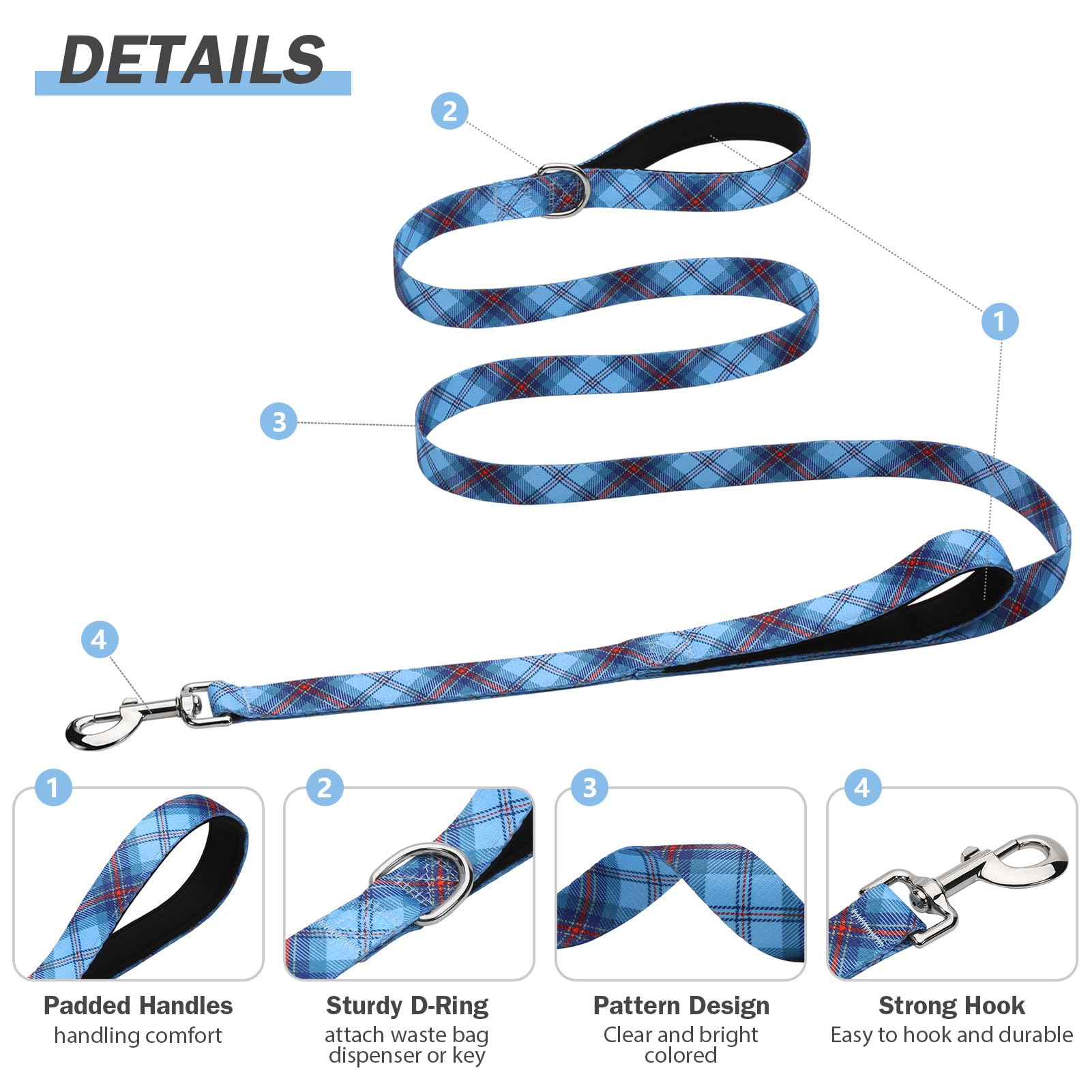 Hikiko blue plaid leash suitable for medium or large dogs during outdoor adventures.