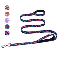 Hikiko double-handle leash 6ft navy floral with padded handles for comfortable walks.