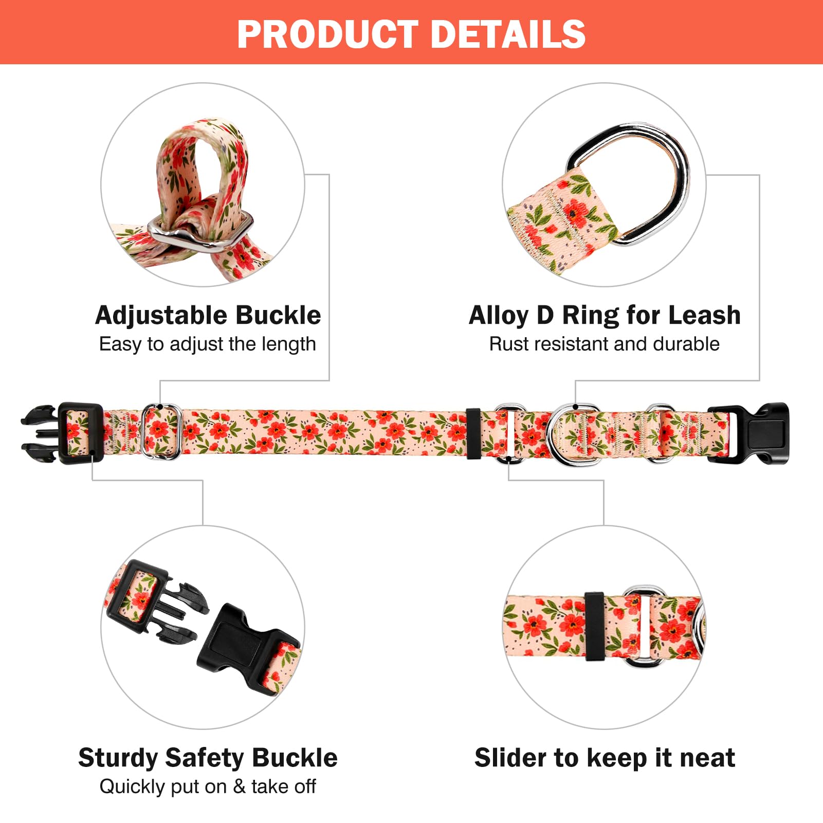 Hikiko floral dog collar with durable nylon strap and hardware for lasting wear.