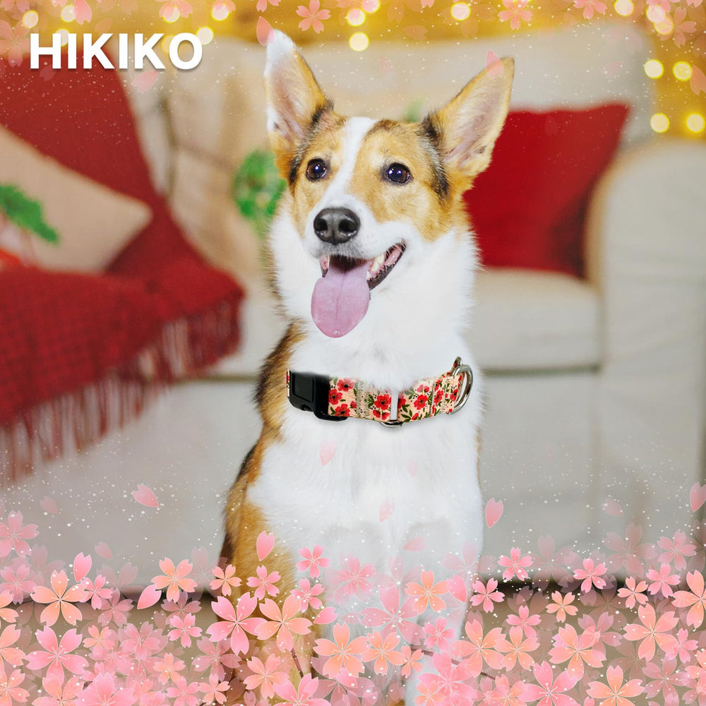 Hikiko floral dog collar with quick-release buckle for safety and easy handling.