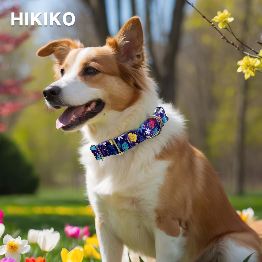 Hikiko Flower-pattern Purple Dog Collar, close-up showing colorful blossoms for stylish comfort