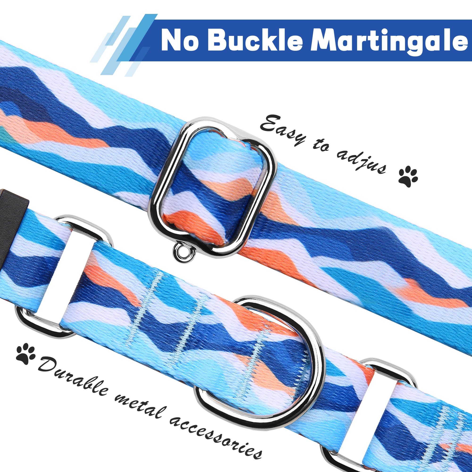 Hikiko Martingale Collar Blue Mountain side view demonstrates gentle control during active play
