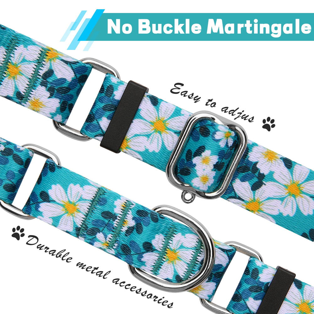 Hikiko martingale collar on dog with green daisy pattern for active training