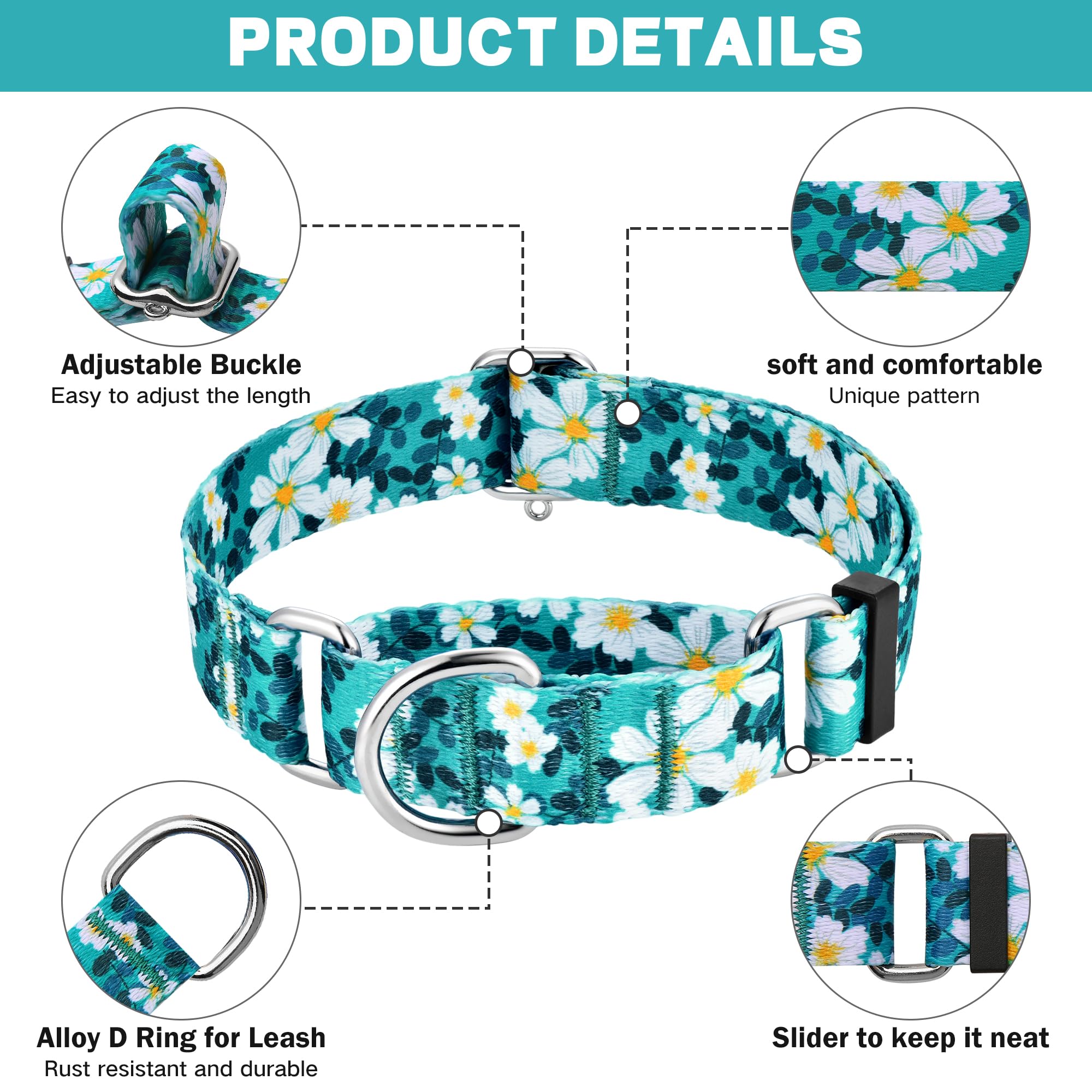 Hikiko green daisy pattern detail highlights unique design for medium to large dogs