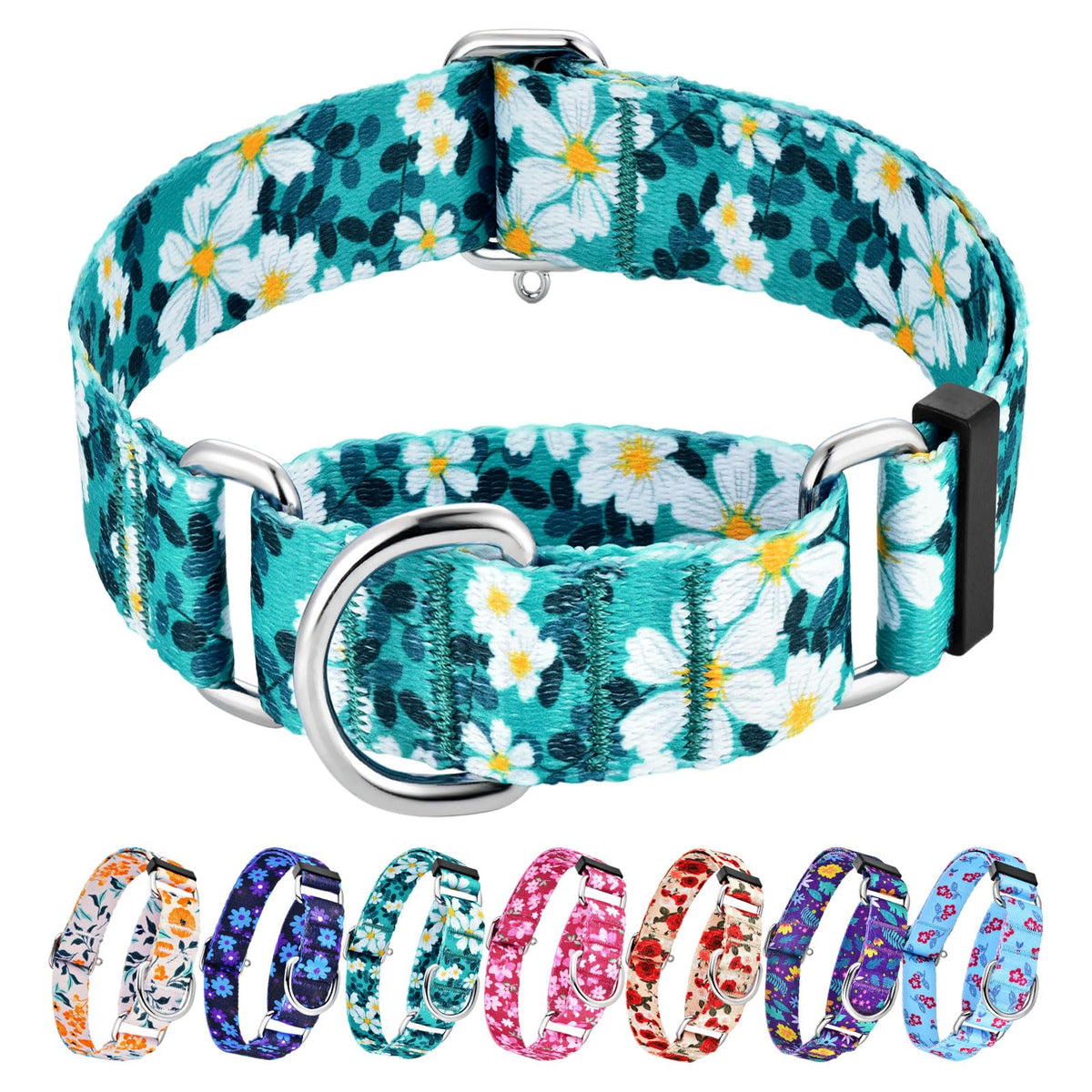 Hikiko martingale collar no-buckle green daisy strap for secure fit during play