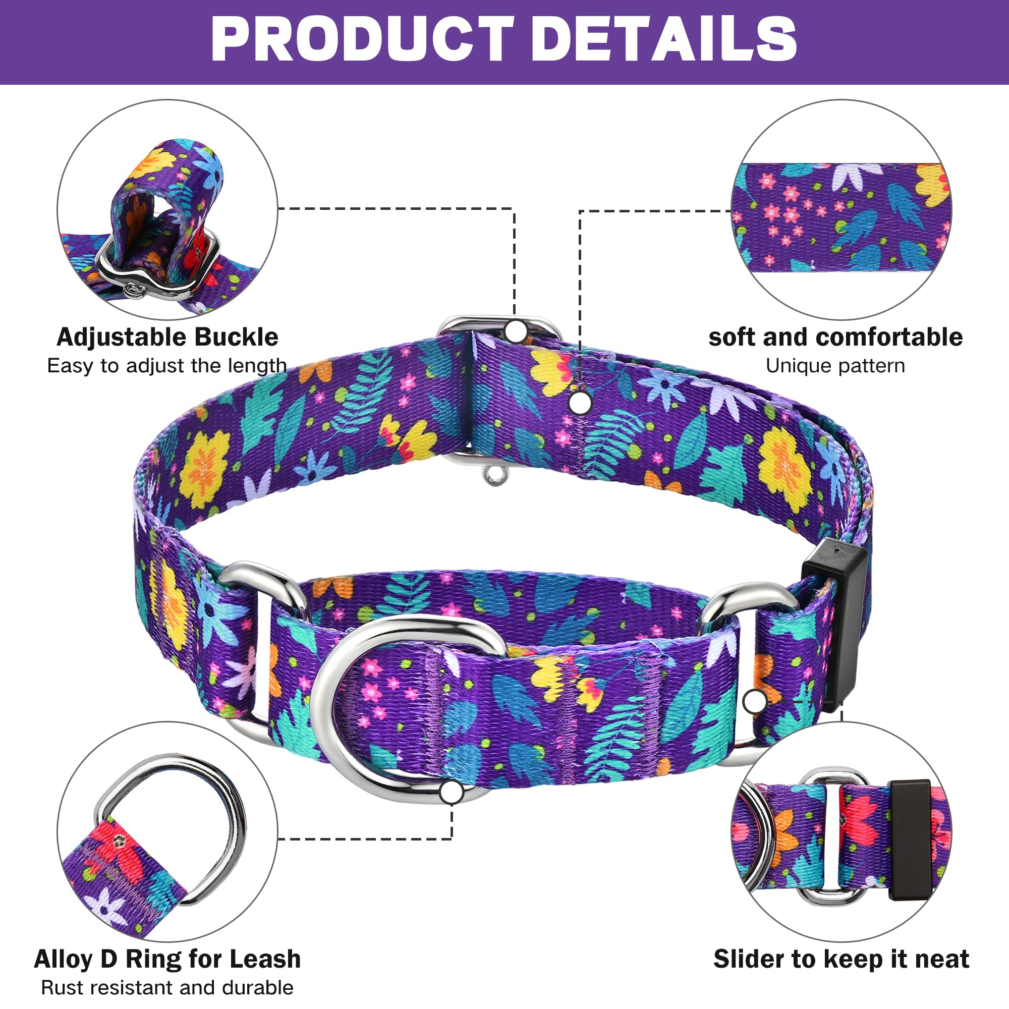 Hikiko martingale collar purple flower colorway shows eye-catching everyday use