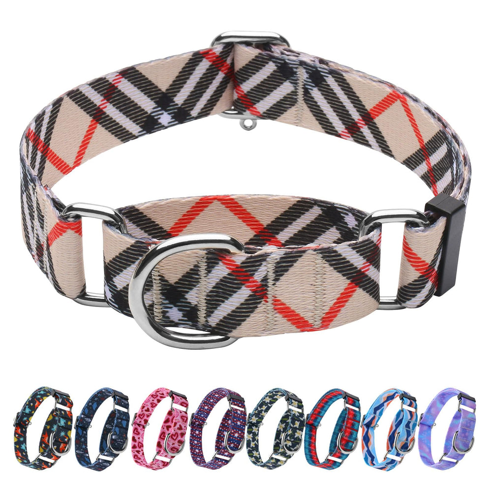Hikiko Martingale no buckle collar in khaki plaid prevents escape on walks