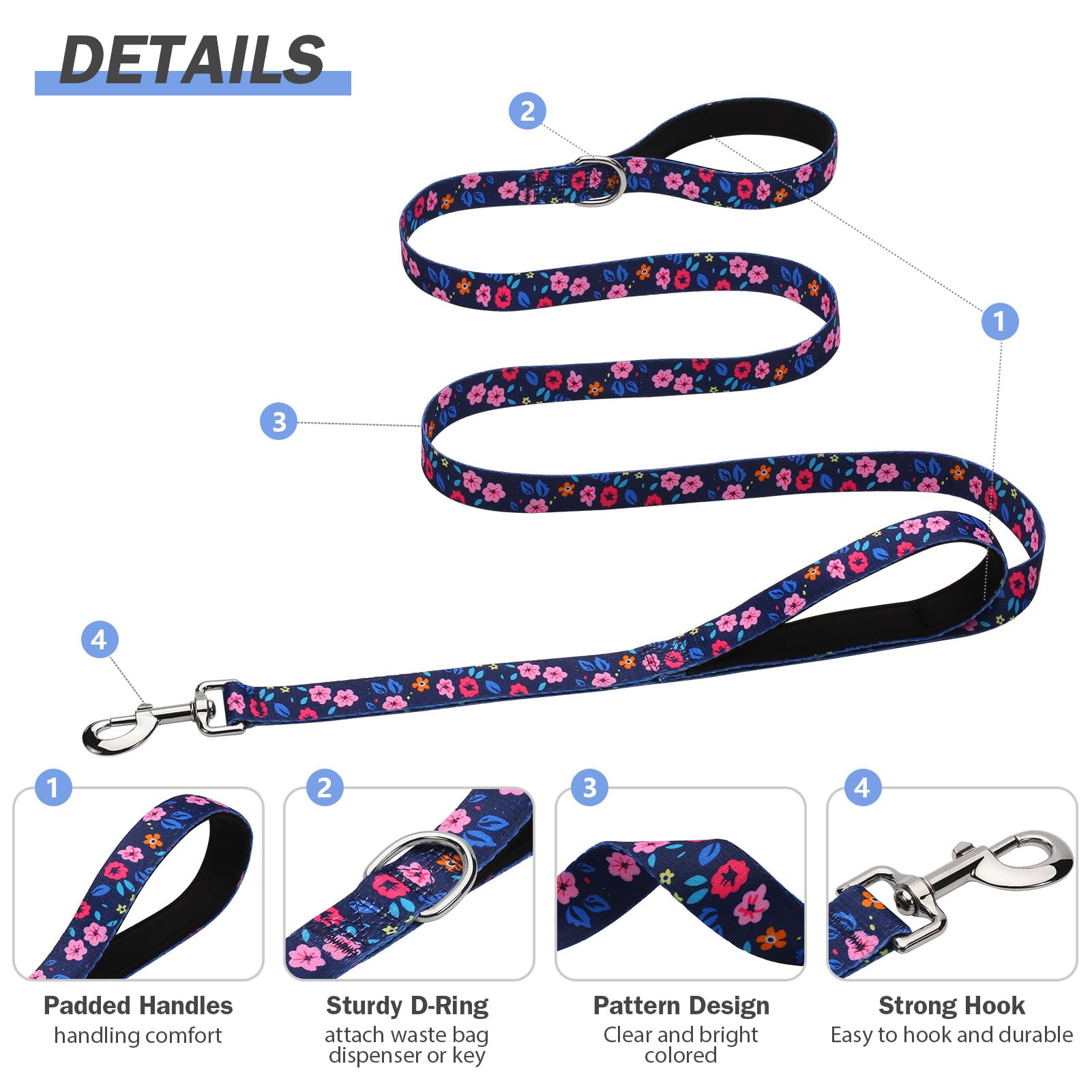 Hikiko navy blue floral leash shown during a calm neighborhood walk.