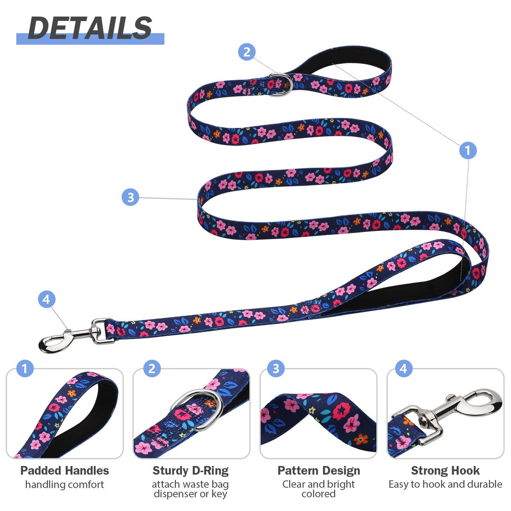 Hikiko navy blue floral leash shown during a calm neighborhood walk.