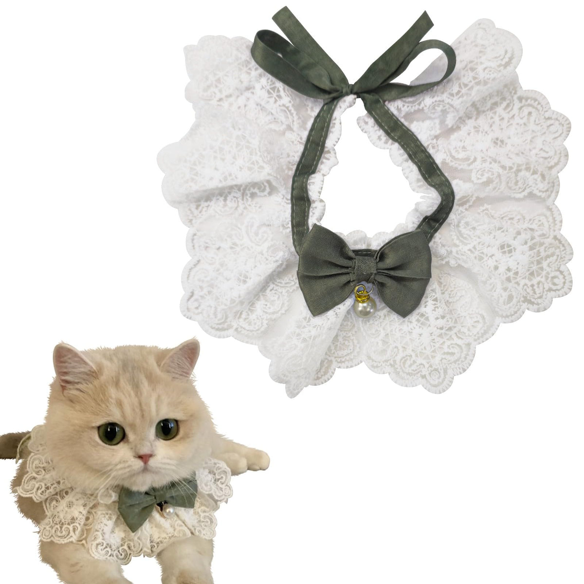Hikiwin elegant lace cat collar with green bow for festive photos
