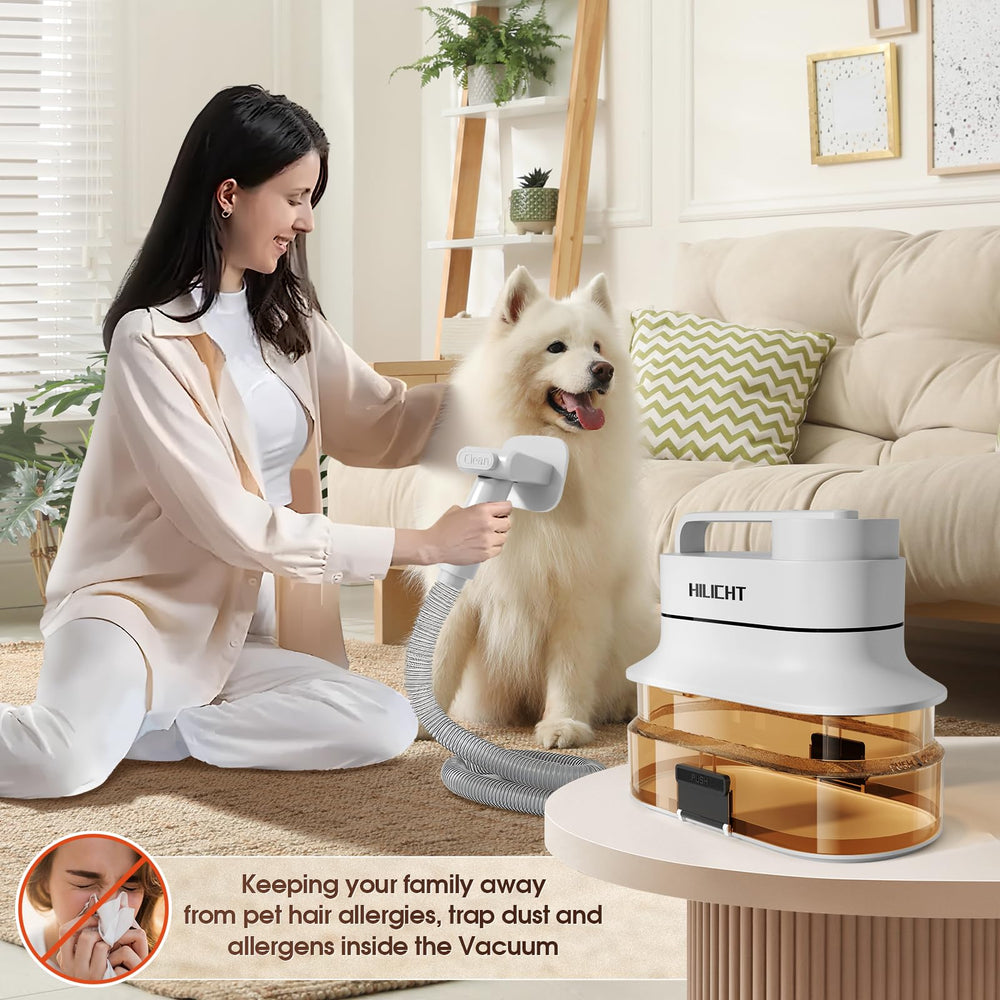 HILICHT pet-hair-collection process illustrates cleanup efficiency after grooming.