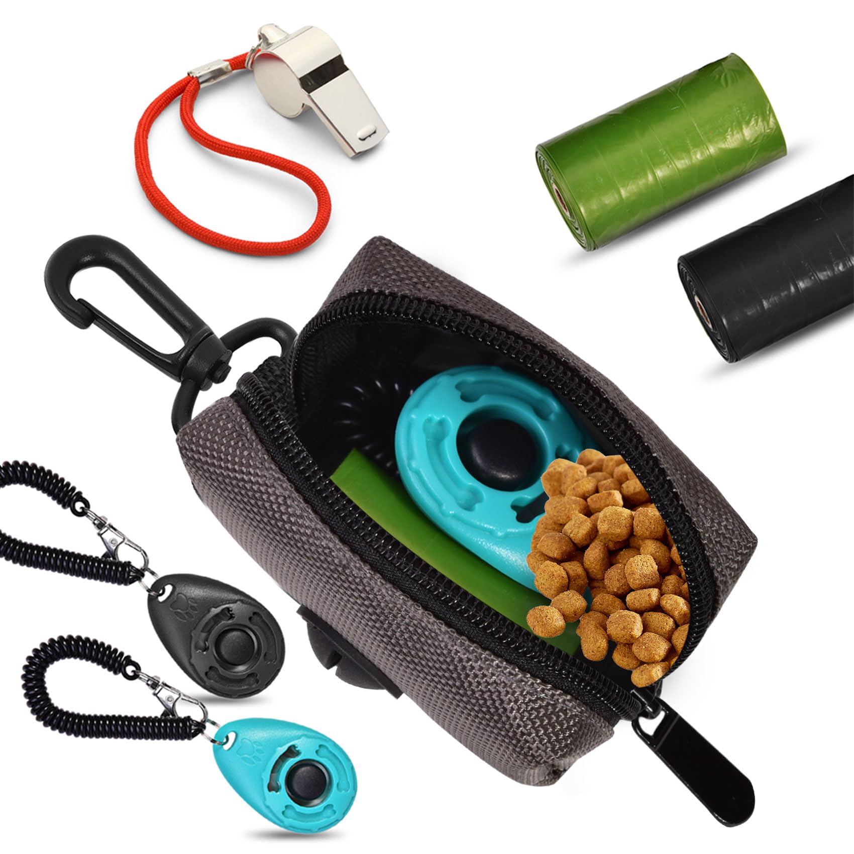 Hilihali dog carrier with metal clip illustrates secure waste bag storage on leash or pack