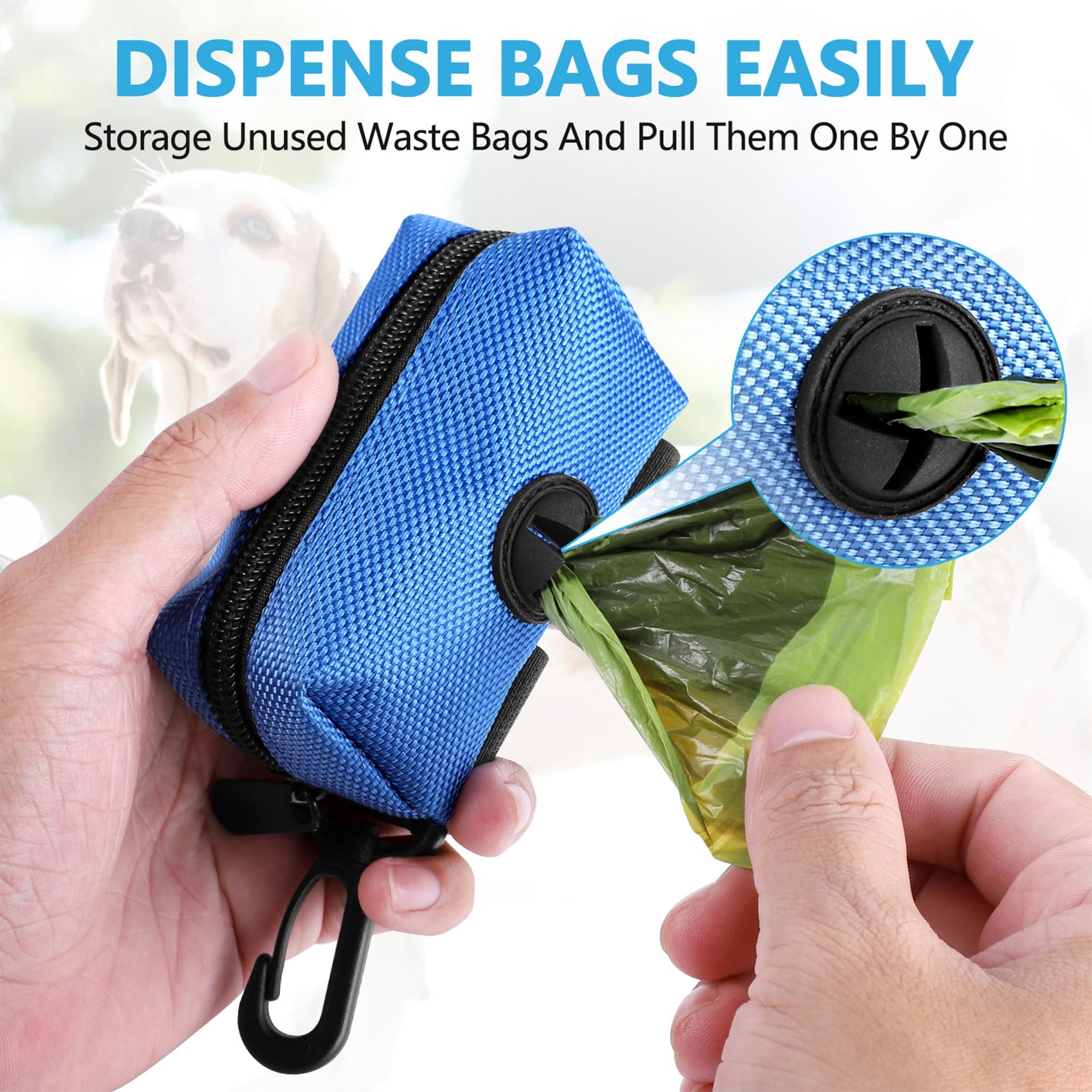 Hilihali dog waste bag dispenser blue on-leash attachment highlights hands-free walking convenience.