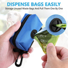 Hilihali dog waste bag dispenser blue on-leash attachment highlights hands-free walking convenience.