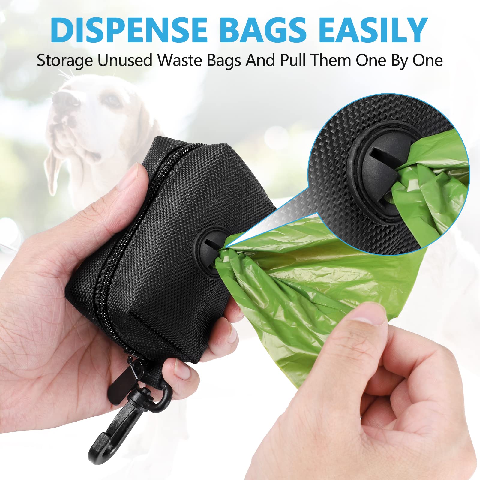 Hilihali dog waste bag dispenser clip-on-leash demonstrates hands-free walking.