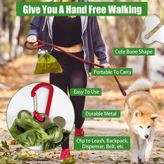 Hilihali waste bag carrier on leash, durable stainless steel clip keeps bags secure.