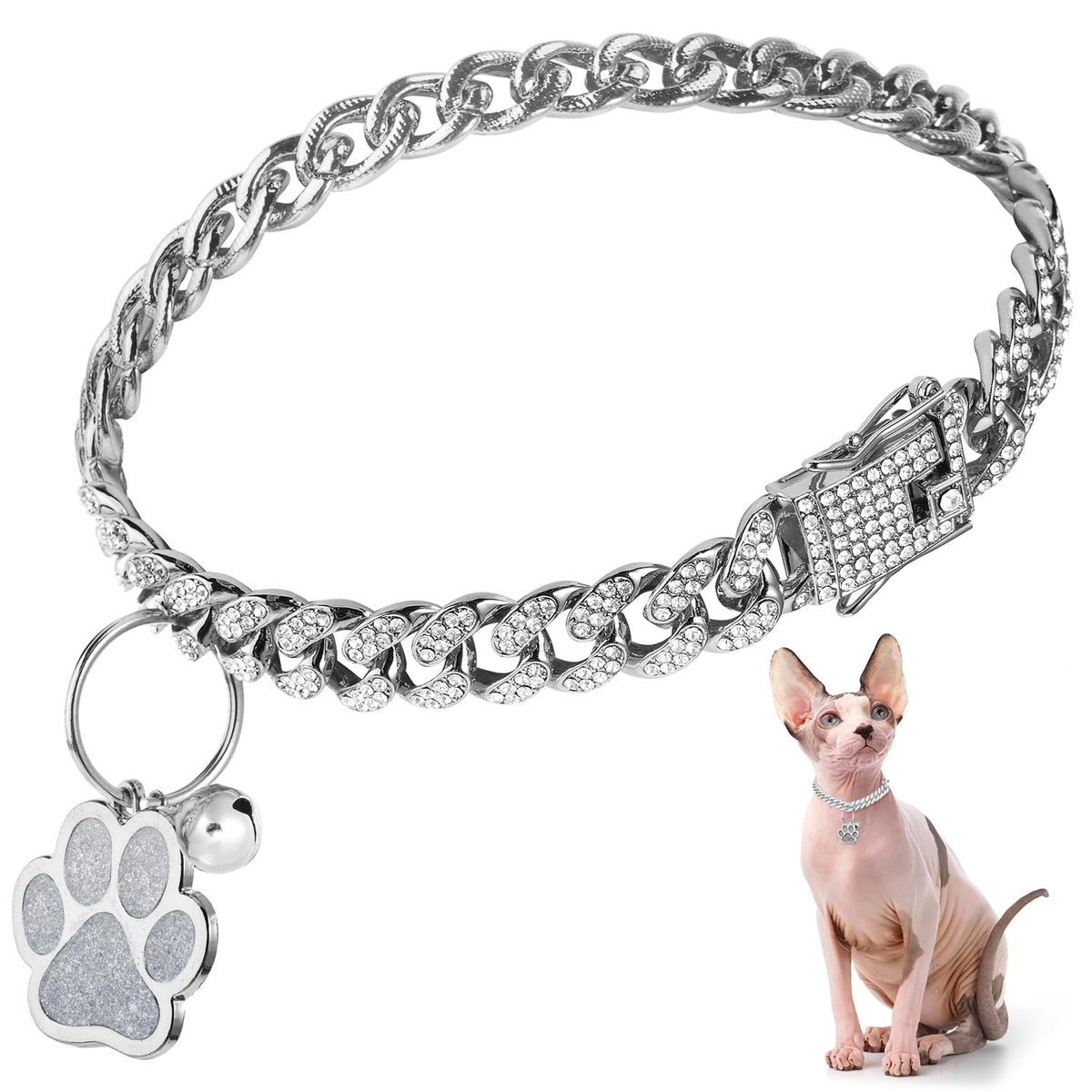 Hillban diamond chain cat collar in silver with lasting durability and sparkle.