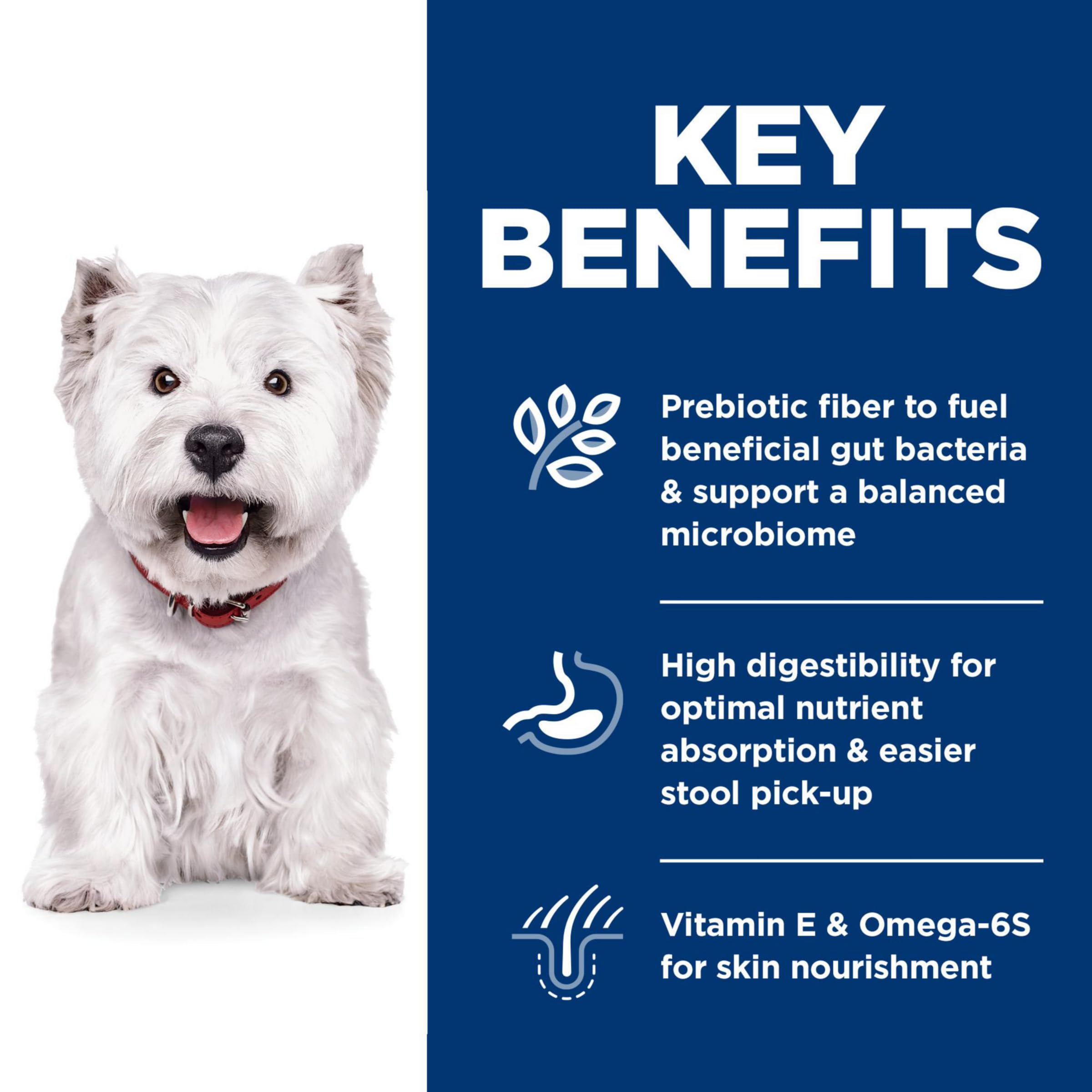 Hill's Science Diet Omega-6 Vitamin E coat nourishment—supports a healthy, shiny coat.