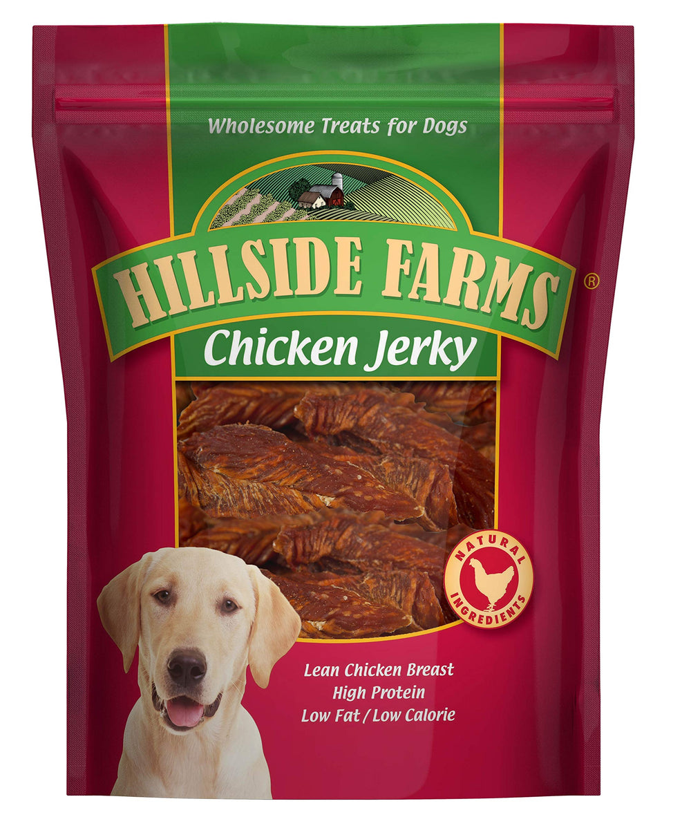 Hillside Farms chicken jerky dog treats bag shows a protein-rich, grain-free snack