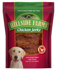 Hillside Farms chicken jerky dog treats bag shows a protein-rich, grain-free snack