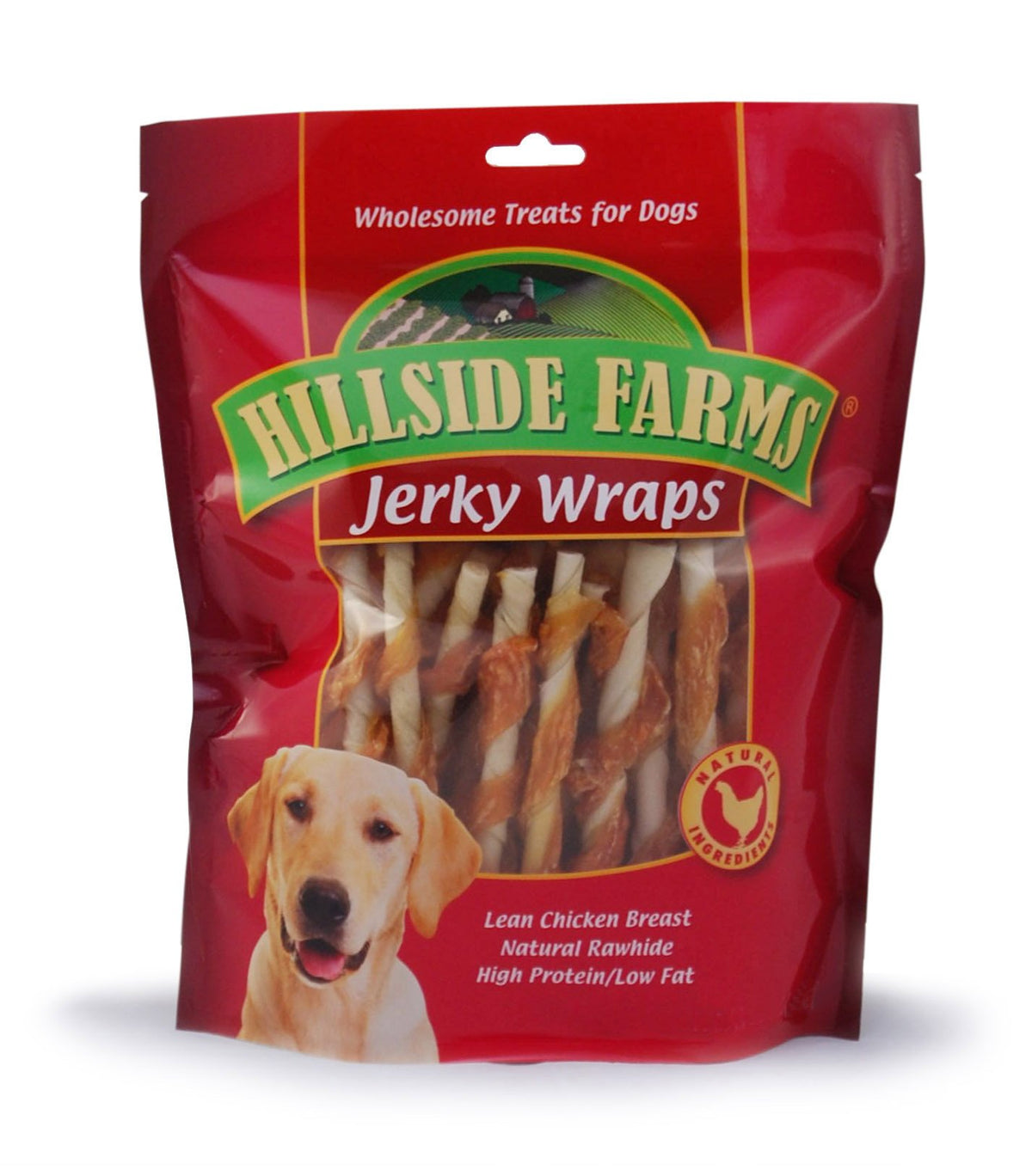 Hillside Farms Chicken & Rawhide Wraps packaging highlights natural ingredients for dogs