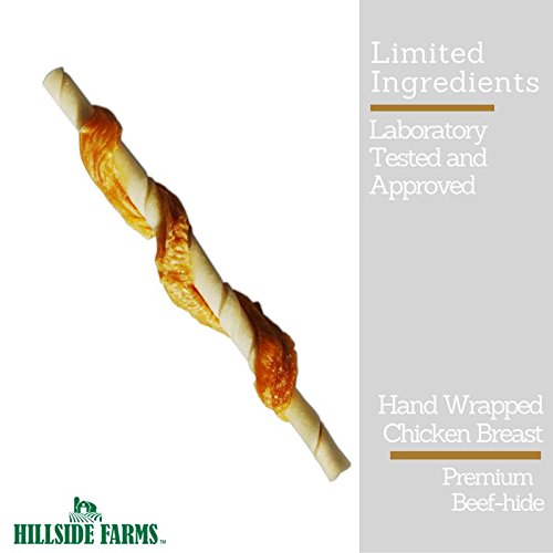 Hillside Farms chicken-wrapped rawhide treat closeup emphasizes durable, long-lasting chew