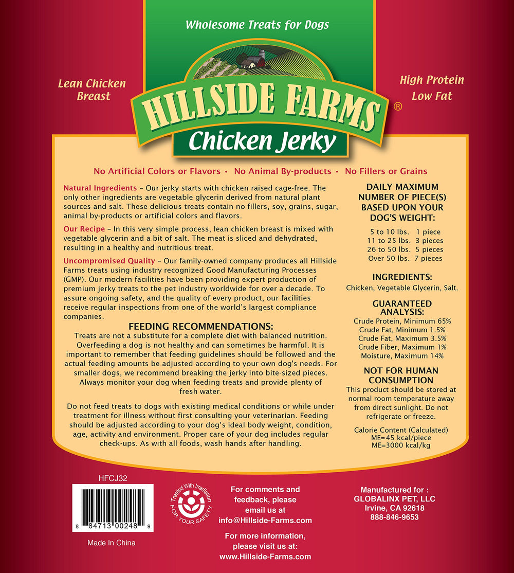 Hillside Farms natural-cut jerky chicken slices highlight tender texture for all breeds and training rewards