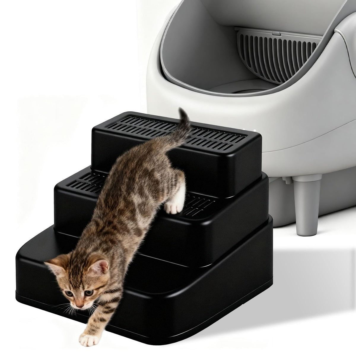 Himake adjustable cat ramp for litter box in black improves kitten accessibility.